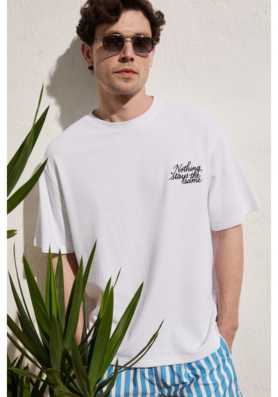 Grimelange Calıdo Erkek Organik Pamuklu Baskı Ve Nakışlı Bisiklet Yaka Oversıze Beyaz T-shirt Beyaz