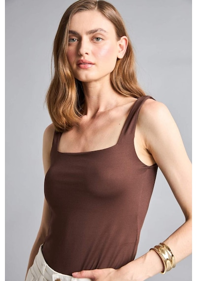Defacto Kare Yaka Kahverengi Bodysuit H3888ax26smbn341 Kahve-bn341