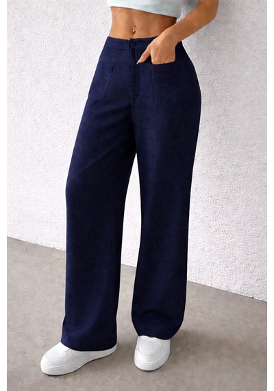Tarz Cool Kadın Wide Leg Pantolon Ön Cep Detaylı Rahat Kalıp Günlük Pantolon Lacivert