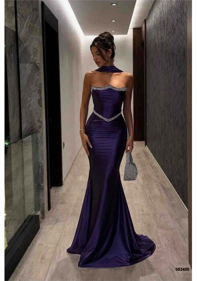 Lior Design Kadın Trend Model Kruvaze Yaka Şık Abiye Elbise Mor
