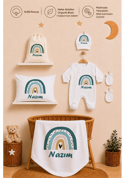 Pia Baby İsme Özel %100 Pamuk Erkek Bebek Yastık Battaniyeli Tulum Set Kese Hediyeli 1092tybk0x Krem