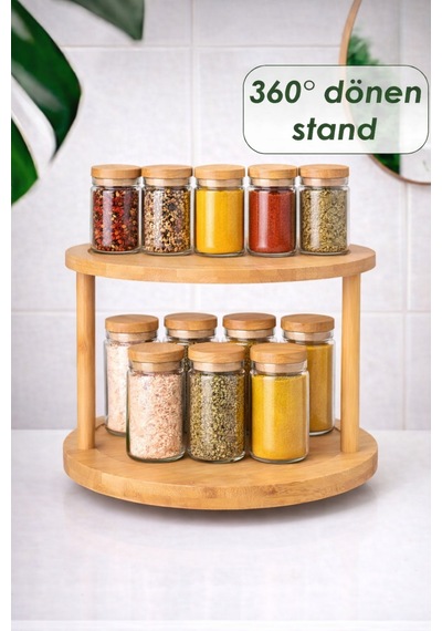 360 Döner Standlı Bambu Sunumluk Makyaj Parfüm Organizer 2 Katlı Baharat Düzenleyici Stand Bej Bej