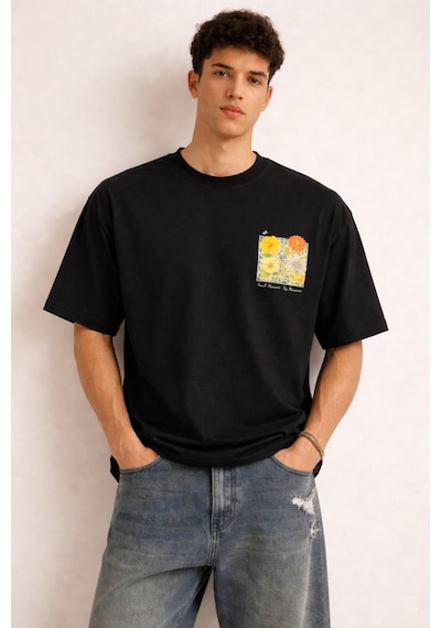 Tarz Cool Erkek Floral Baskılı Tişört Oversize Fit, Sırt Desenli Small Moments Big Memories Siyah