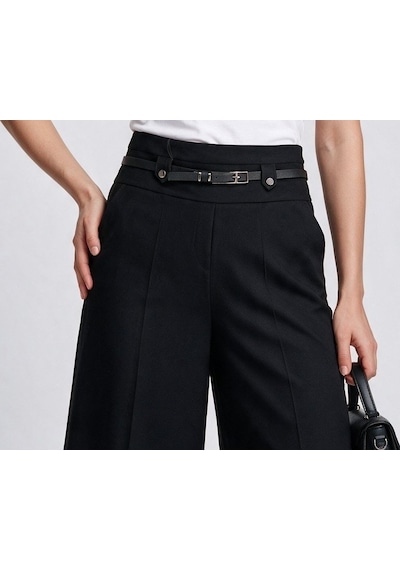 Modiva Kadın Yüksek Bel Geniş Paça Culotte Pantolon Kemerli Dokulu Kumaş 25ymdv009 Siyah
