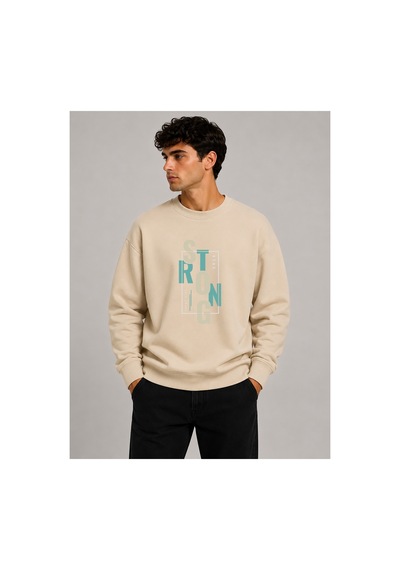 Herkesemoda Strong Baskı Detaylı Bisiklet Yaka Şardonlu 2 İplik Sweatshirt Bej