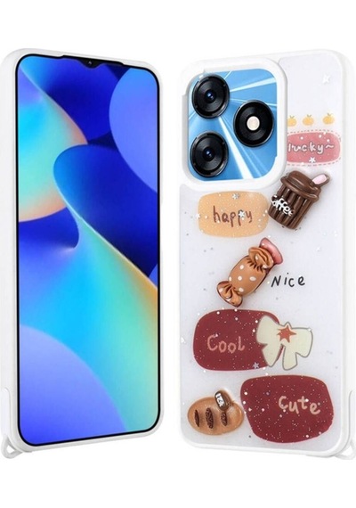 Tecno Spark 10 4g Kılıf Parlayan Simli Kabartma Figürlü Zore Cevze Kapak Beyaz
