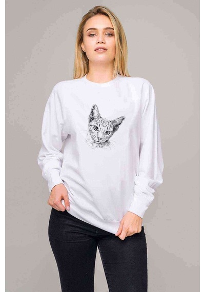 Kedi Çizim Sevimli Kedi Baskılı Beyaz Kadın Sweatshirt