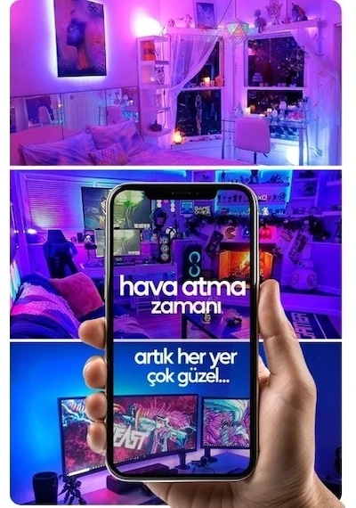 Tv Arkası 10 Metre Bluetooth Telefon Kontrollü Smart Şerit Led Sese Duyarlı Kumandalı Led Işık Çok Renkli