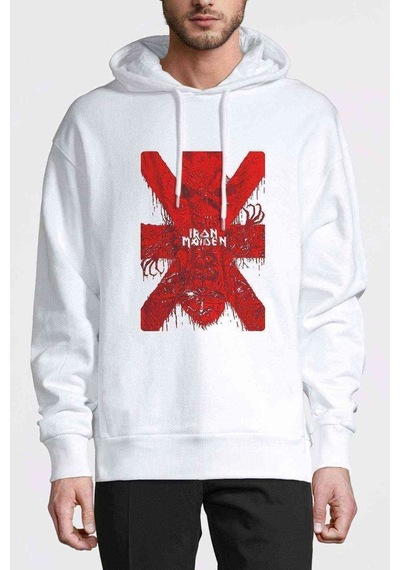 Iron Maiden X Metal Rock Muzik Baskılı Beyaz Erkek Kapşonlu Sweat