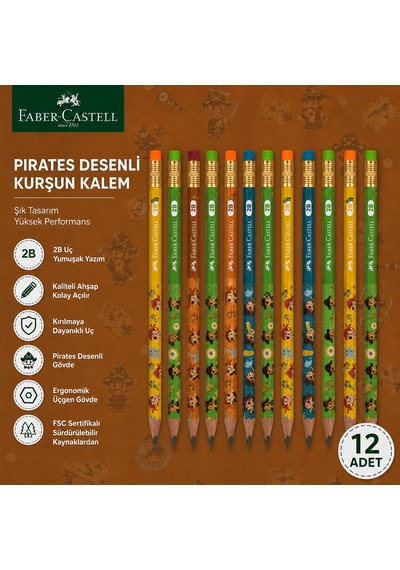 Faber-castell Pirates Desenli Kurşun Kalem 12 Adet 2b Yuvarlak Gövde Çok Renkli