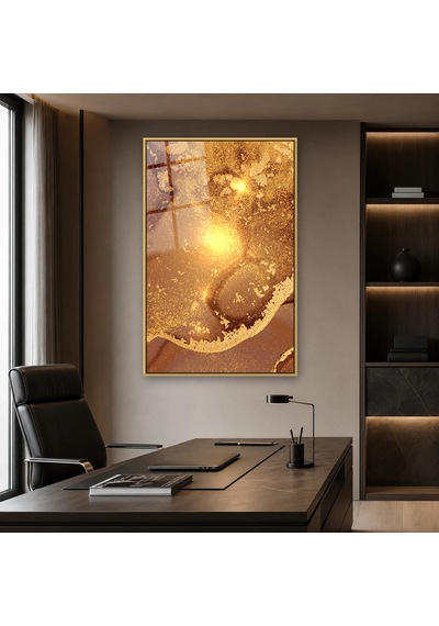 Kahve Karamel Altın Tozlu Doku Gold Çerçeveli Cam Tablo