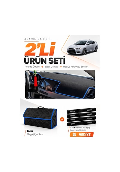E-biz Mıtsubıshı Lancer 2007-2015 Uyumlu Torpido Örtüsü + Deri Bagaj Çantası - Siyah-mavi - Mı014