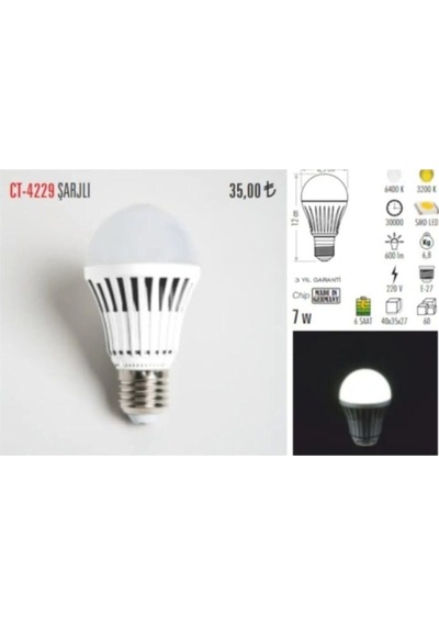 Ct 4229 E27 Şarjlı Led Ampul Işıldak - Elektrik Kesilince Yanar Beyaz