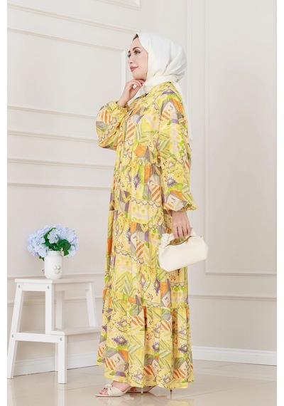 Sevitli Etnik Desen Robalı Elbise-sarı-5253 Sarı