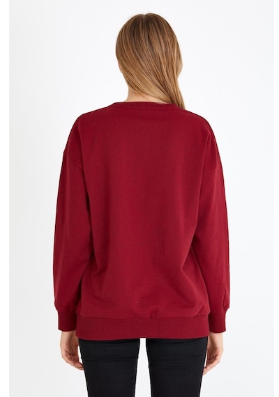 MMetalic Kadın Bordo Renk Basic Bisiklet Yaka Sweatshirt