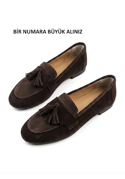 Noxmark Hakiki Deri Süet Püskül Detaylı Kadın Loafer Ayakkabı Kahverengi