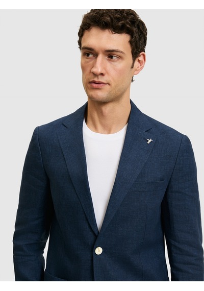Cacharel Lacivert Slim Fit %100 Keten Mikro Desen Mono Yaka Ceket