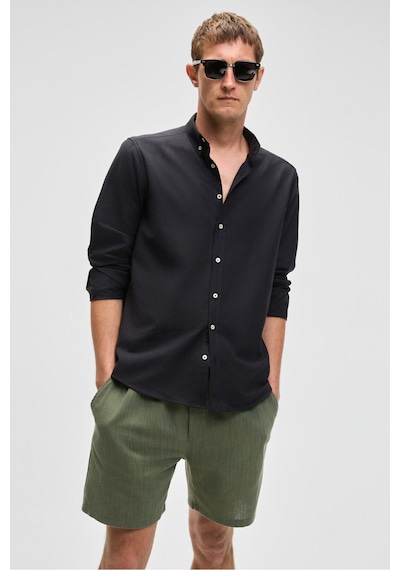 Grimelange LEYTON Erkek Relaxed Fit Çift Cepli Beli Lastikli Keten Karışımlı Dokuma Haki Şort & Bermuda
