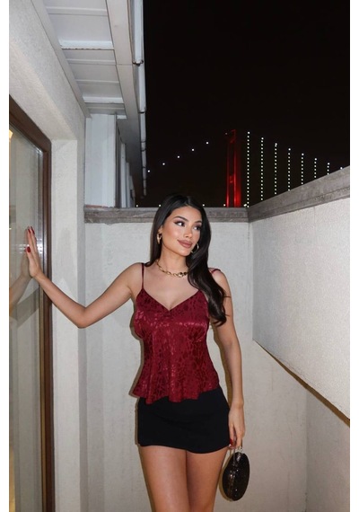 Kechi Woman Leopar Desenli Saten Askılı Bluz Bordo