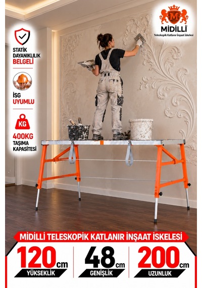 120x48x200cm Alüminyum Gövdeli Çelik Ayaklı Teleskopik Katlanır İnşaat İskelesi - 400 Kg Taşıma Kapasitesi