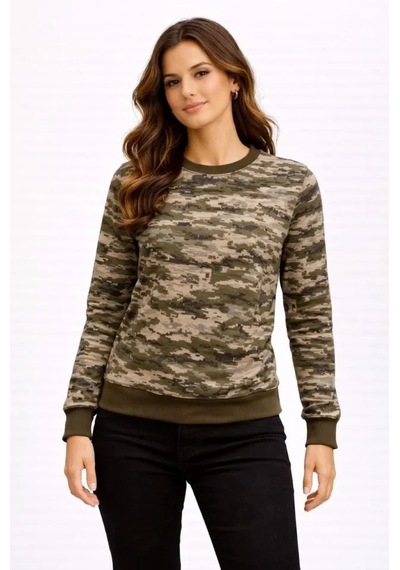 Kamuflaj Desenli 2 İplik 4 Mevsim Uzun Kollu Bisiklet Yaka Sweatshirt - Kamuflaj