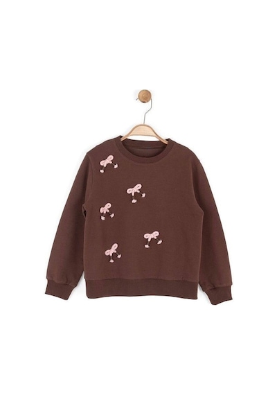 Kız Çocuk Fiyonk İşlemeli Sweatshirt-16134 Kahverengi