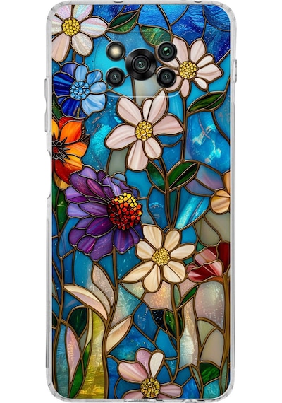 Printify Poco X3 Nfc İle Uyumlu Vitray Mavi Bahar Tasarımlı Şeffaf Silikon Kılıf Şeffaf