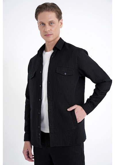 Comfort Fit Yan Cepli %100 Keten Siyah Gömlek Ceket G 1602