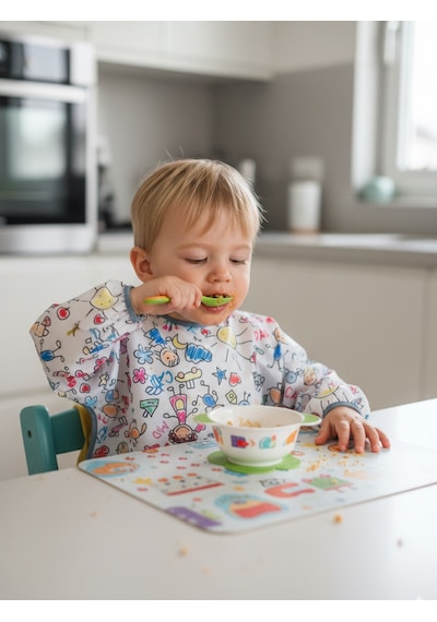 Yorni 3-5 Yaş Family, Arkadan Bağcıklı, Sıvı Geçirmez, Cepli, Makinede Yıkanabilir, Uzun Kollu Bebek Çocuk Mama Önlüğü, Önlük Beyaz