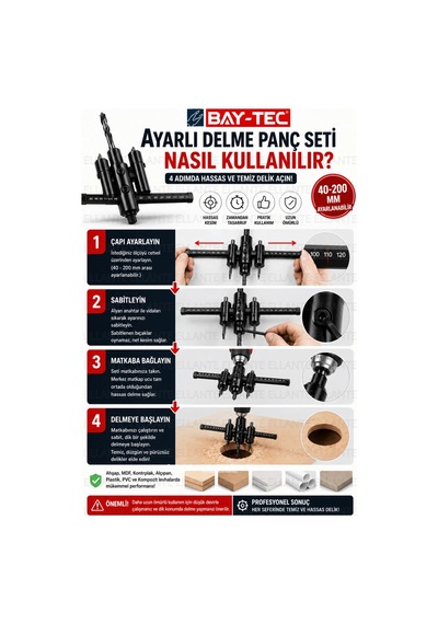 Bay-tec 40-200 Mm Ayarlı Delme Panç Seti Ahşap Mdf Alçıpan Pvc Delik Açma Aparatı