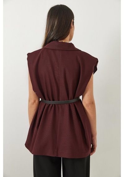 Shade Kadın Cep Detaylı Kemerli Vatkalı Oversize Astarlı Blazer Yelek 11143 60281003 - Bordo