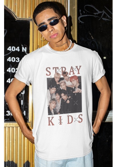 Sevbano Stray Kids Müzik Grubu Baskılı Unisex Oversize Tişört Beyaz