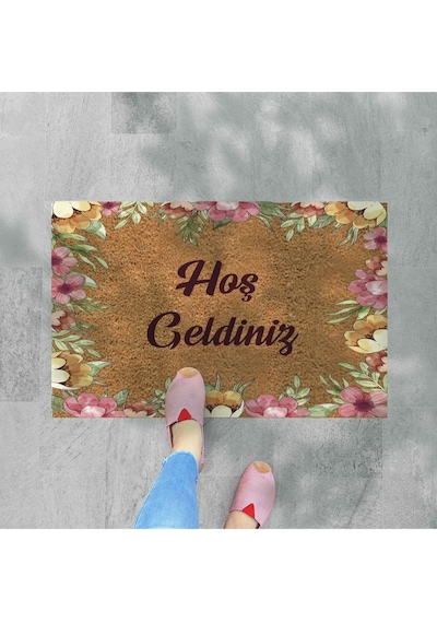Kır Çiçekleri Temalı Coco Görünümlü Dekoratif Dış Kapı Önü Ve Iç Mekan Paspası Açık Bej