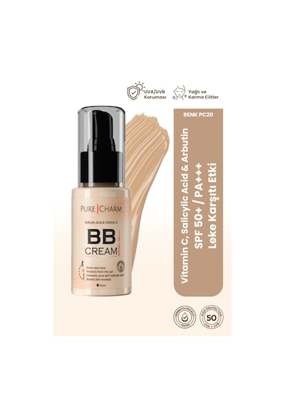Pure Charm Salicylic Acid Uva Uvb Koruması Nemlendirici Kapatıcı BB Krem SPF50 Pa+++ PC20 50 ML