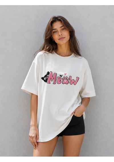 Montree Kedi Meow Baskılı Oversize %100 Pamuk Premium Tişört Beyaz