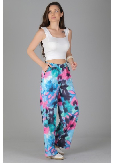 Sweetness Kadın Batik Desenli Bol Paça Beli Lastikli Pantolon Mavi