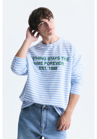 Vamos Oversize Çizgili Sweatshirt Ekru-bebe Mavi