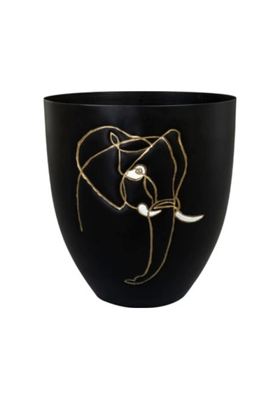 Lea Fil Desenli Siyah Metal Saksı Çap 18cm Yükseklik 19cm