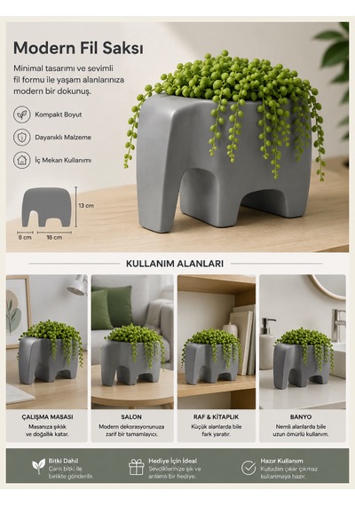 Dekoratif Fil Şeklinde Saksı-çiçek,bitki.sukulent Saksısı-modern Tarzlı Saksı Gri
