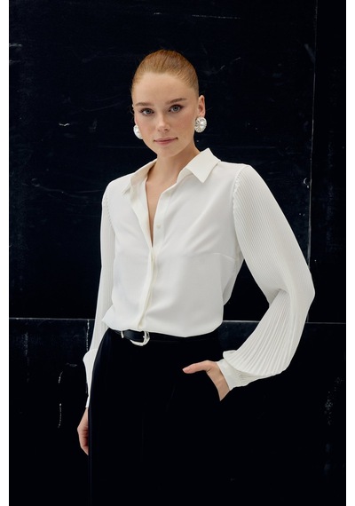 Sateen Plise Kollu Gömlek - Ekru-137087 ekru