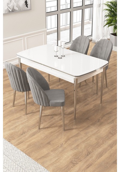 Canisa Edaf Serisi 80x132 Açılabilir Beyaz Mutfak Masa Takımı 4 Gri Sandalye Krom Detay Masa Beyaz Sandalye Antrasit Krom Ayak Canisa Edaf Serisi 80x132 Açılabilir Beyaz Mutfak Masa Takımı 4 Gri Sandalye Krom Detay Masa Beyaz Sandalye Antrasit Krom Ayak
