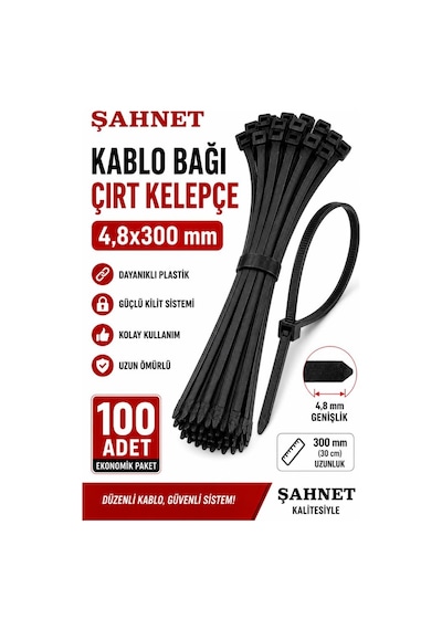 Şahnet 4,8x300 Mm Siyah Kablo Bağı Çırt Kelepçe 100 Adet - Plastik Kablo Toplama Bağı