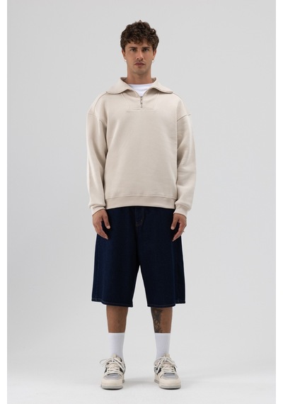 Vamos Basic Fermuarlı Dik Yaka Sweatshirt Taş
