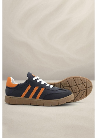 Hakiki Deri Lacivert Turuncu Bağcıklı Fermuarlı Çocuk Sneakers Ayakkabı Lacivert