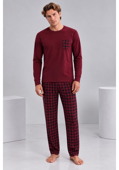 Pijamask Erkek Bordo Ekose Pantolonlu Cepli Uzun Kollu Pamuklu Pijama Takımı Bordo