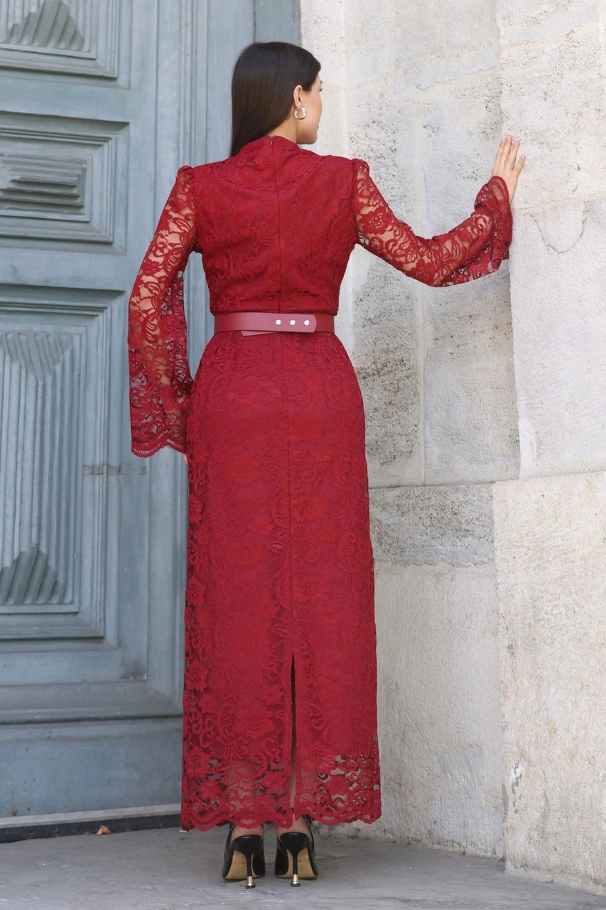 Lodmela Hakim Yaka Kemerli Dantel Maxi Abiye Elbise 6032-bordo Bordo