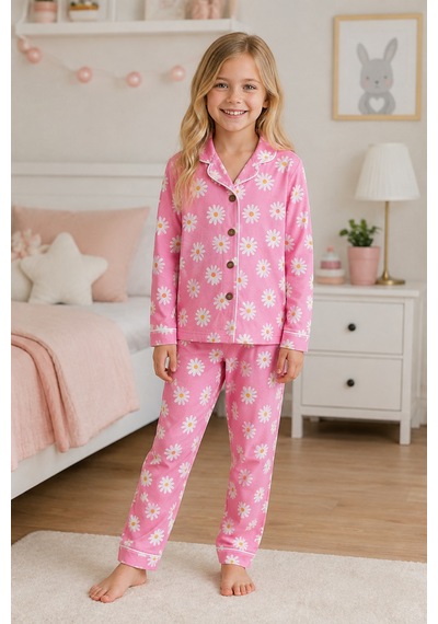 Beniizle Kız Çocuk Pijama Takımı Papatya Desenli Pembe Uzun Kollu Düğmeli 2 Li Pijama Takımı Beniizle Kız Çocuk Pijama Takımı Papatya Desenli Pembe Uzun Kollu Düğmeli 2 Li Pijama Takımı