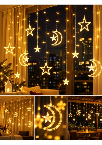 Yılbaşı Işıklandırma 3 Metre Fişli Ay Yıldız Led Perde Işık 10 Saçaklı 8 Fonksiyonlu Sarı Dekoratif Ev Pencere Balkon Süsleme