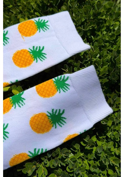 Lousocks Unisex Ananas Desenli Beyaz Soket Çorap