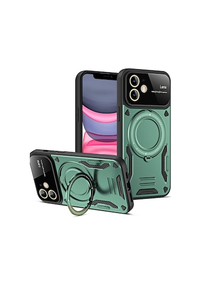 Apple iPhone Uyumlu  11 Uyumlu Kılıf Joy Lens Standlı Kapak - Koyu Yeşil